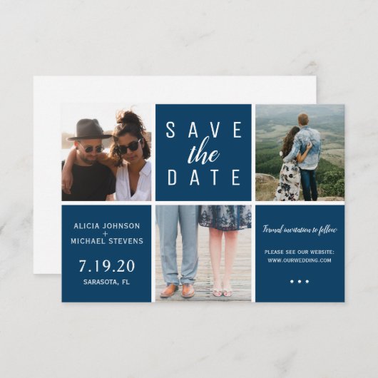 Save The Date Marine moderne bleu simple 3 photo collage mariage (Devant / Derrière)