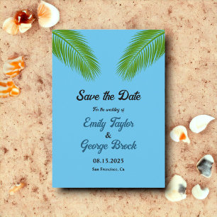 Save The Date Marine Palm Tropical Feuille Blue Beach Mariage