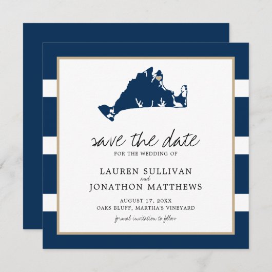 Save The Date Marine Stripes Martha's Vineyard Map Enregistrer l (Devant / Derrière)