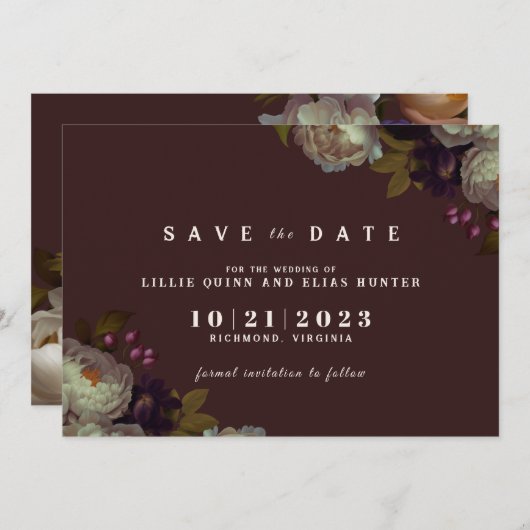Save The Date Maroon & Elegant Floral | Romantique rouge foncé (Devant / Derrière)