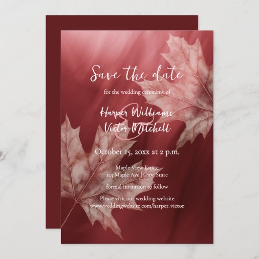 Save The Date maroon feuille mariage de automne (Devant / Derrière)