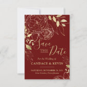 Save The Date Maroon rouge foncé et pivoine dorée Mariage floral (Devant)