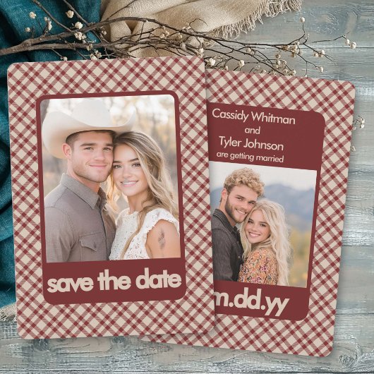 Save The Date Marron Gingham Occidental Rétro Multi Photo