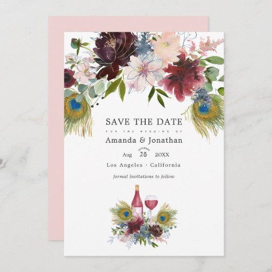 Save The Date Marsala aquarelle et floral mariage Save T (Devant / Derrière)