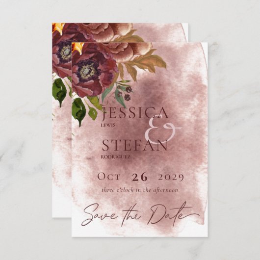Save The Date Marsala Argile & Bouquet Jaune Mariage (Devant / Derrière)