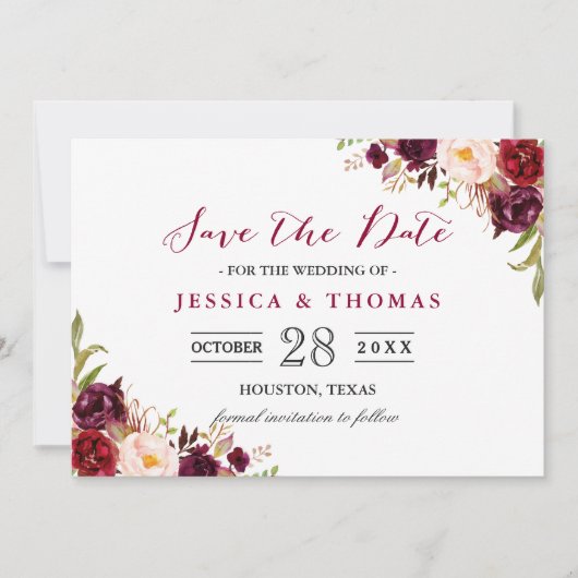 Save The Date Marsala de Bourgogne Floral Chic Wedding Enregistr (Devant)
