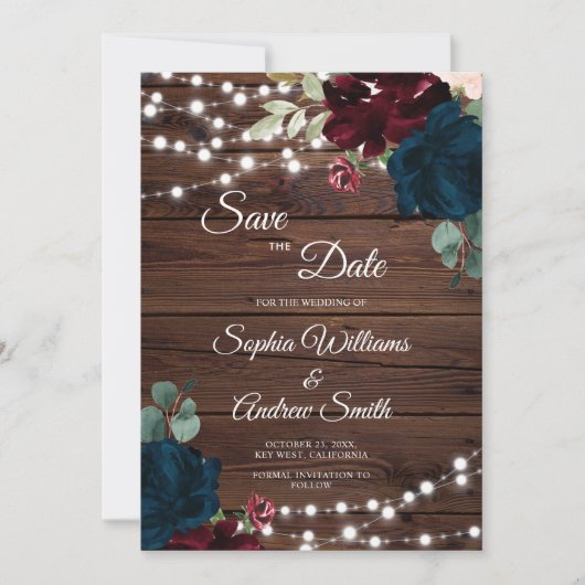 Save The Date Marsala & Fleurs de marine Bois rustique Enregistr (Devant)