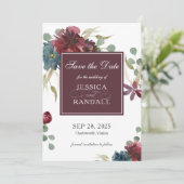 Save The Date Marsala Red et Navy Floral Wedding Enregistrer la  (Debout devant)