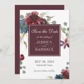 Save The Date Marsala Red et Navy Floral Wedding Enregistrer la  (Devant / Derrière)