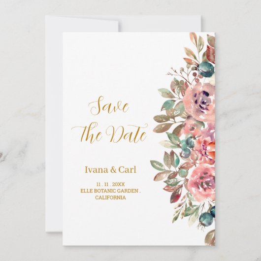 Save The Date MARY Aquarelle Rose Vert Émeraude (Devant)