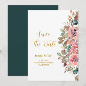 Save The Date MARY Aquarelle Rose Vert Émeraude (Devant / Derrière)