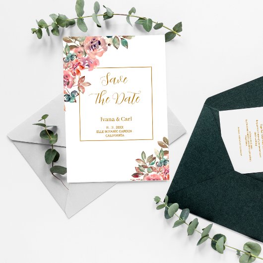 Save The Date MARY Aquarelle Rose Vert Émeraude
