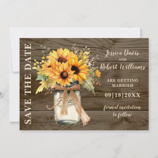 Save The Date Mason de tournesol rustique Jar Enregistrer la dat (Devant)