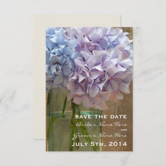 Save The Date Mason Jar Blue & Purple Hydrangeas Enregistrer La  (Devant / Derrière)