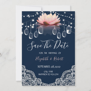 Save The Date Mason Jar, Dentelle, Lotus Navy Bleu Enregistrer L
