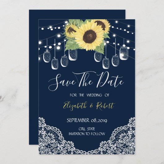 Save The Date Mason Jar, Dentelle, Sunflowers Navy Blue Enregist (Devant / Derrière)