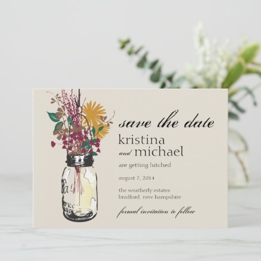 Save The Date Mason Jar et Fleurs sauvages d'automne Enregistrer (Debout devant)