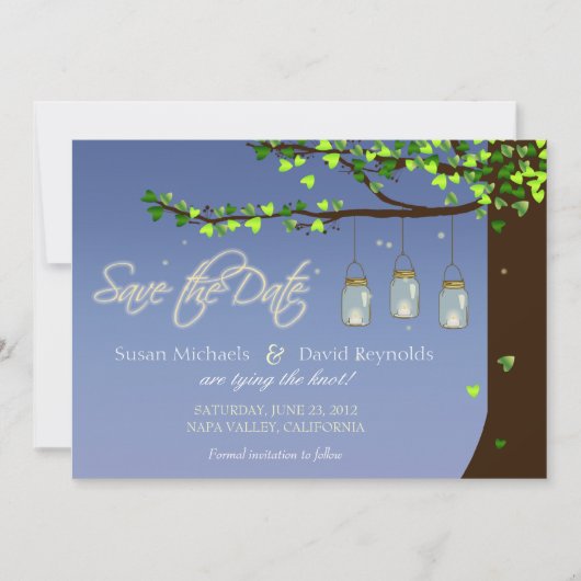 Save The Date Mason Jar Fireflies Chêne Arbre Enregistrer la dat (Devant)