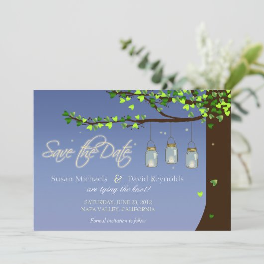 Save The Date Mason Jar Fireflies Chêne Arbre Enregistrer la dat (Debout devant)