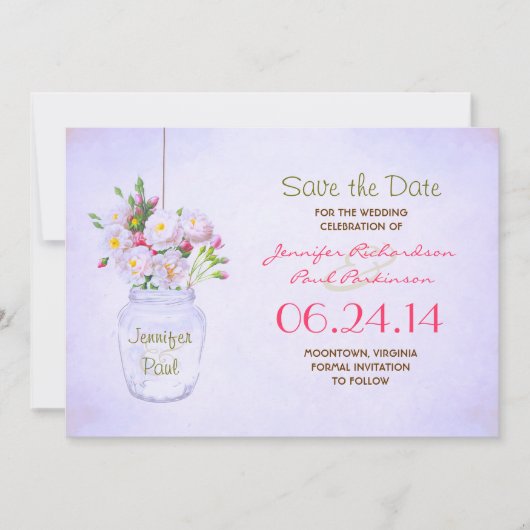 Save The Date mason jar fleurs victoriennes enregistrer la date (Devant)