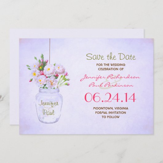 Save The Date mason jar fleurs victoriennes enregistrer la date (Devant / Derrière)