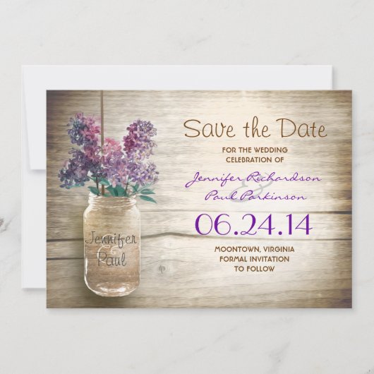 Save The Date mason jar & lilacs enregistrer la date (Devant)