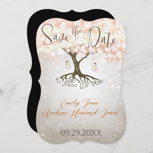 Save The Date Mason Jar Peachy Heart Leaf Tree Enregistrer la da (Devant / Derrière)