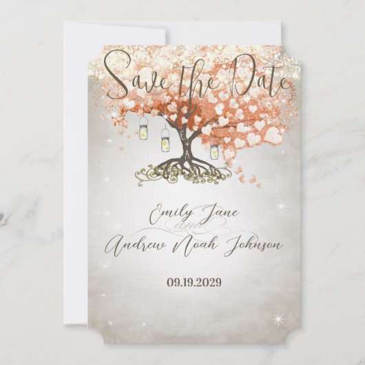 Save The Date Mason Jar Peachy Heart Leaf Tree Enregistrer la da (Devant)