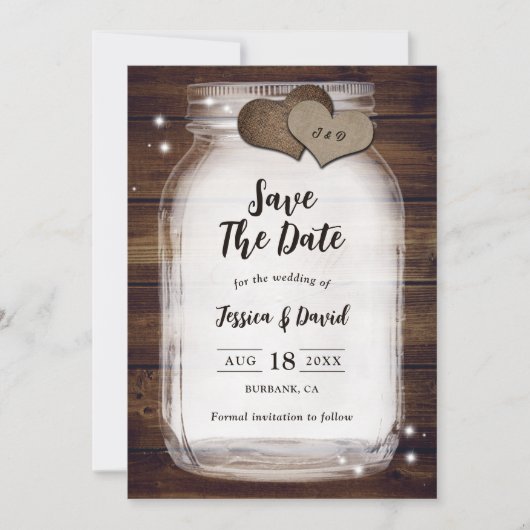 Save The Date Mason Jar Rustic Country Heart Barn Wood Mariage (Devant)