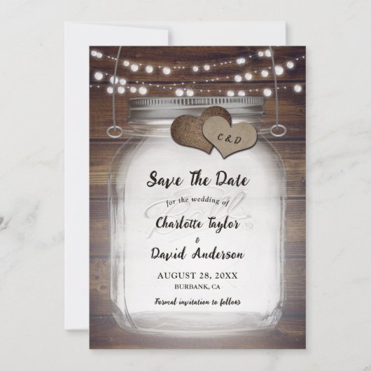 Save The Date Mason Jar Rustic Country Mariage en bois (Devant)