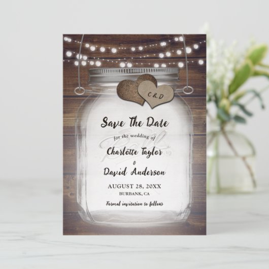 Save The Date Mason Jar Rustic Country Mariage en bois (Debout devant)