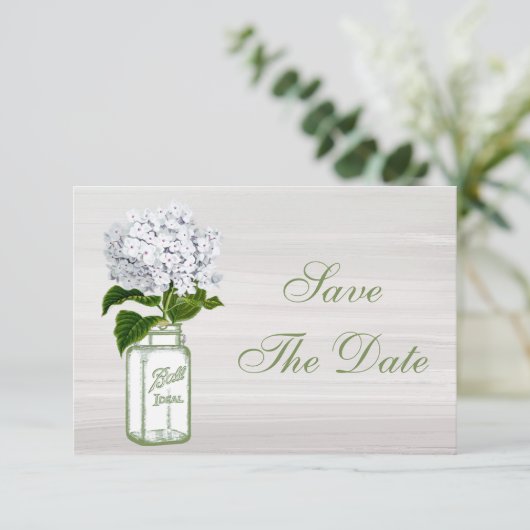 Save The Date Mason Jar & White Hydrangea Enregistrer La Date Ma (Debout devant)