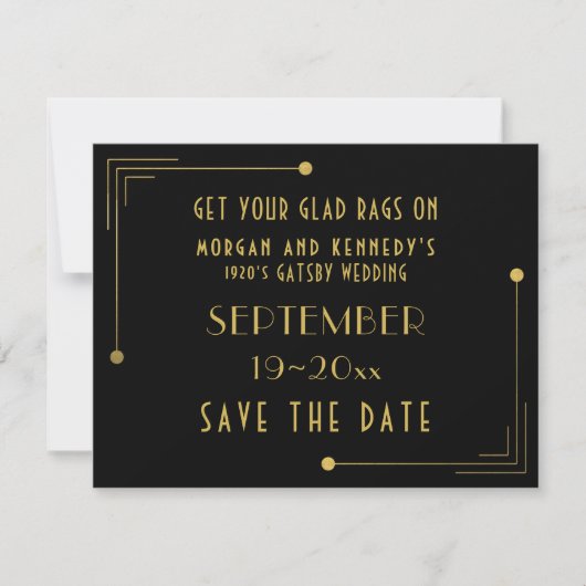 Save The Date Matte Zwart en Goud 1920s Bruiloft (Voorkant)