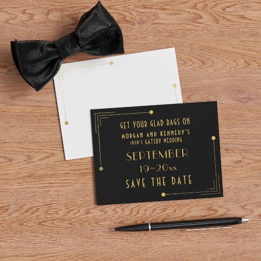 Save The Date Matte Zwart en Goud 1920s Bruiloft