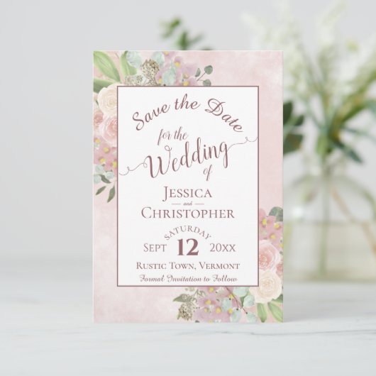Save The Date Mauve rose Floral Élégant Mariage de calligraphie (Debout devant)