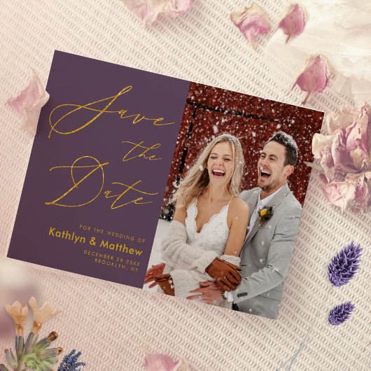 Save The Date Mauve violet élégant script or Mariage moderne