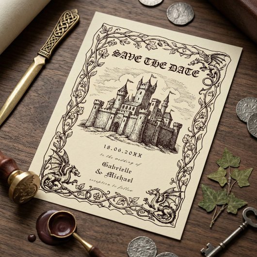 Save The Date Medieval Castle Sepia Illustration Wedding