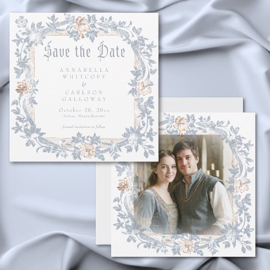 Save The Date Medieval Fantasy Frame Blue Gold Etching Photo