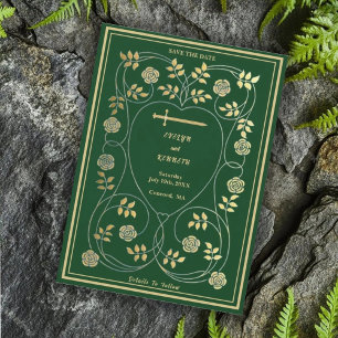 Save The Date Médiéval Gold Floral Coeurs et Mariage d'épée
