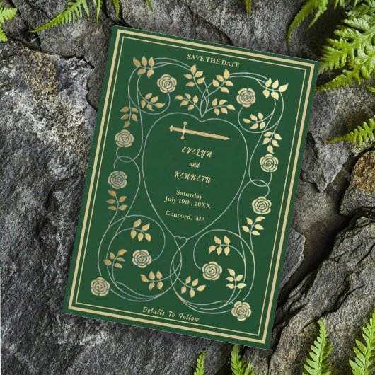 Save The Date Médiéval Gold Floral Coeurs et Mariage d'épée