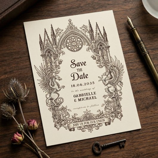 Save The Date Medieval Gothic Dragon Griffin old paper