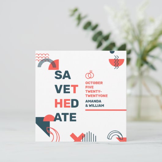 Save The Date Memphis Style Abstrait bleu et Mariage rouge (Debout devant)