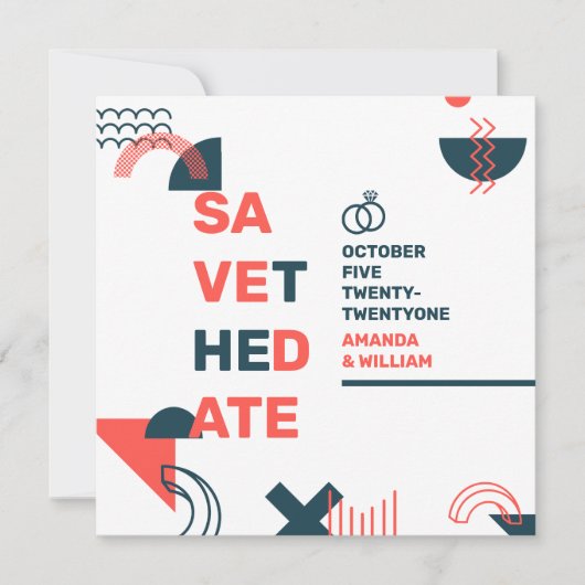 Save The Date Memphis Style Abstrait Mariage rouge et bleu (Devant)