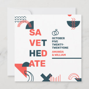 Save The Date Memphis Style Abstrait Mariage rouge et bleu