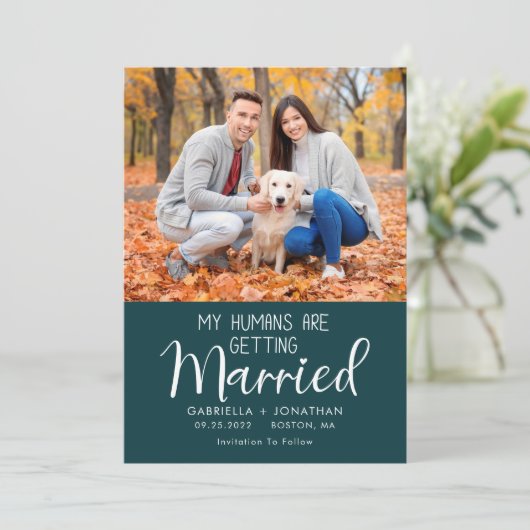 Save The Date Mes humains se marient Chien Photo Mariage vert (Debout devant)