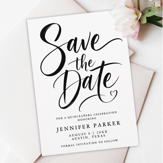 Save The Date Mes Quinze Ans Minimal Black White Modern Script