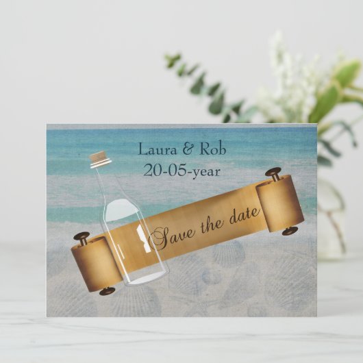 Save The Date Message dans une bouteille Mariage de plage (Debout devant)