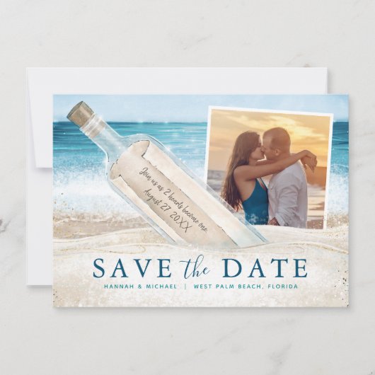 Save The Date Message dans une bouteille Photo Mariage à la plag (Devant)