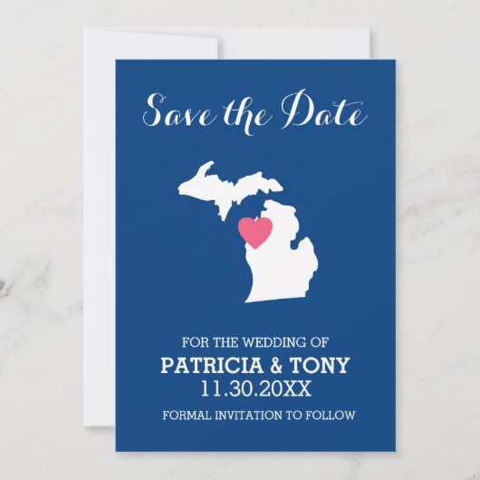 Save The Date Michigan State Map with Custom Love Heart and Name (Devant)