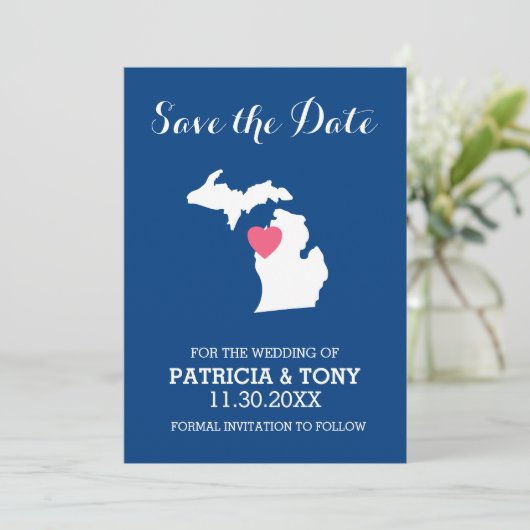 Save The Date Michigan State Map with Custom Love Heart and Name (Debout devant)